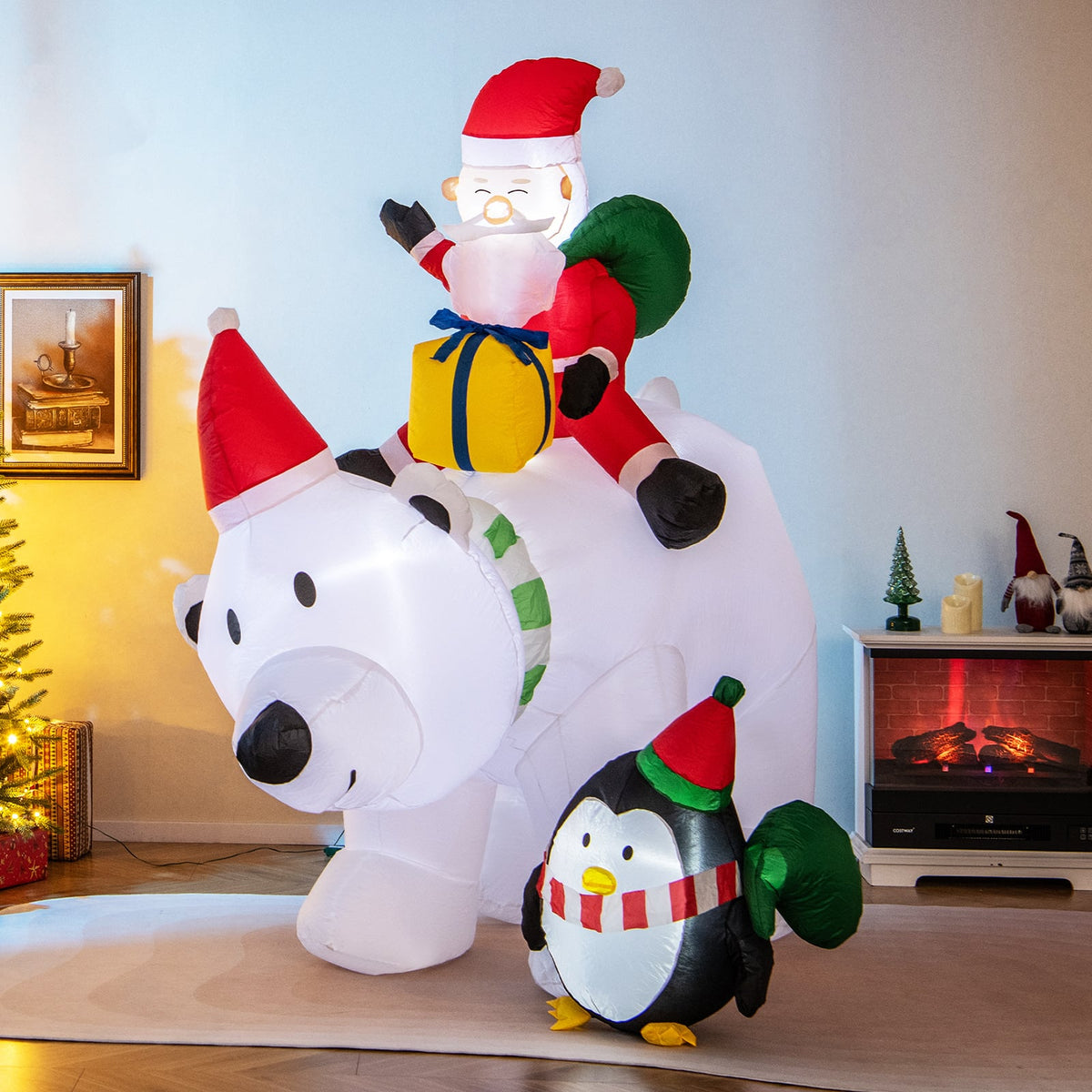 7 Feet Inflatable Santa Claus Riding Bear with Penguin Gift Bags and Gift Box-Christmas Inflatables-DECOROLALA