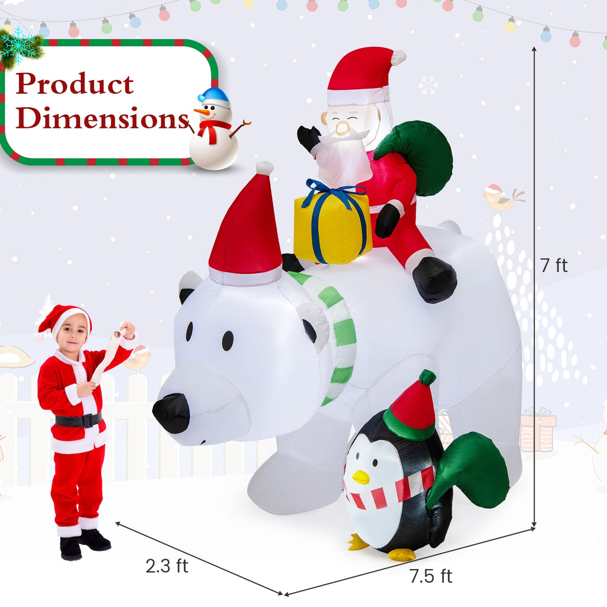 7 Feet Inflatable Santa Claus Riding Bear with Penguin Gift Bags and Gift Box-Christmas Inflatables-DECOROLALA