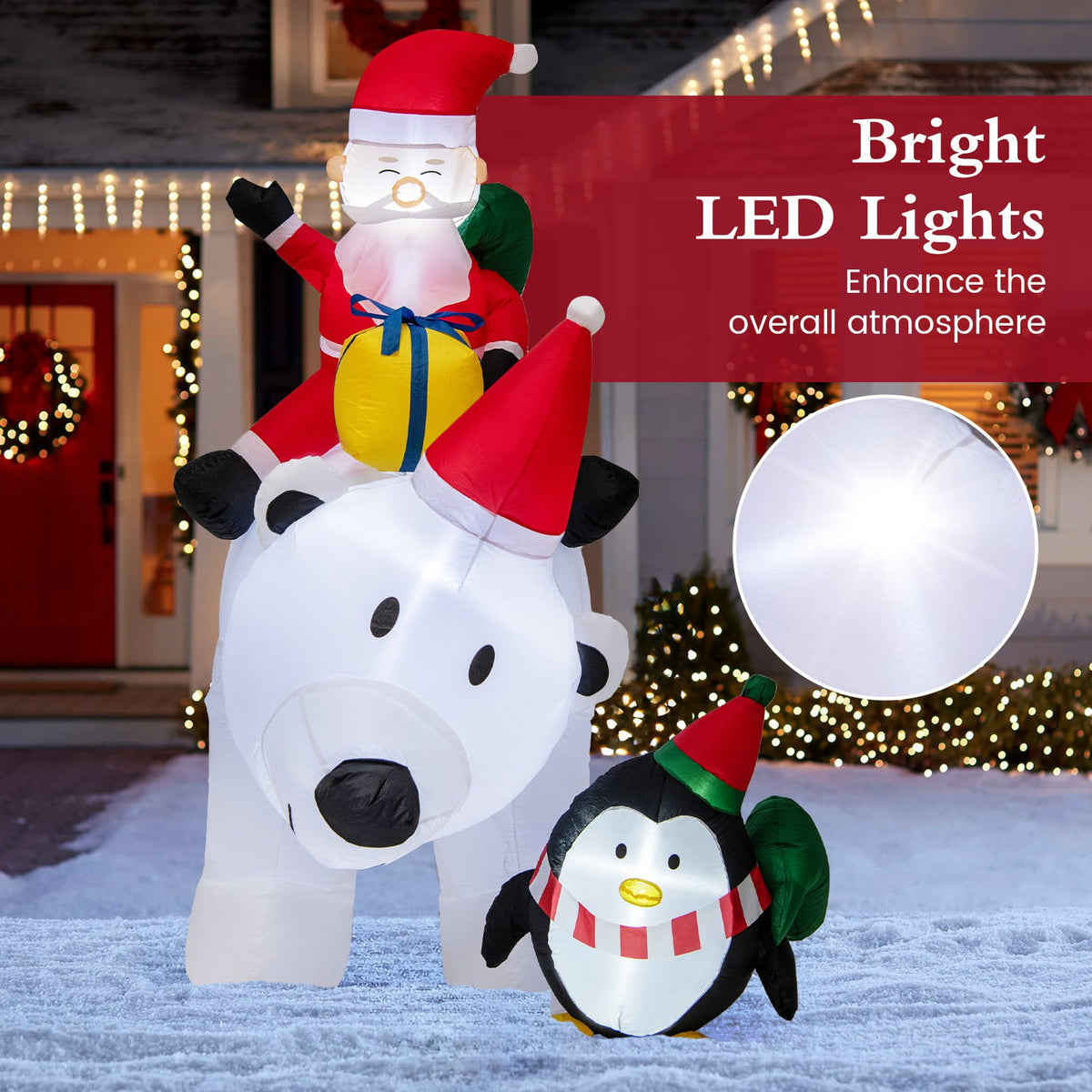 7 Feet Inflatable Santa Claus Riding Bear with Penguin Gift Bags and Gift Box-Christmas Inflatables-DECOROLALA