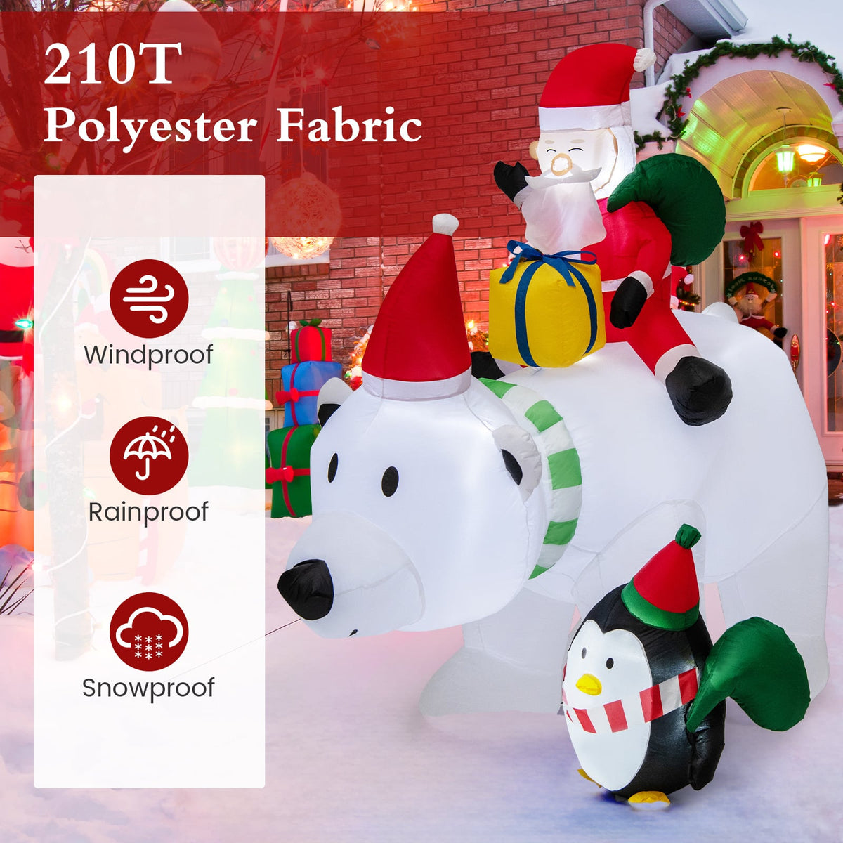 7 Feet Inflatable Santa Claus Riding Bear with Penguin Gift Bags and Gift Box-Christmas Inflatables-DECOROLALA