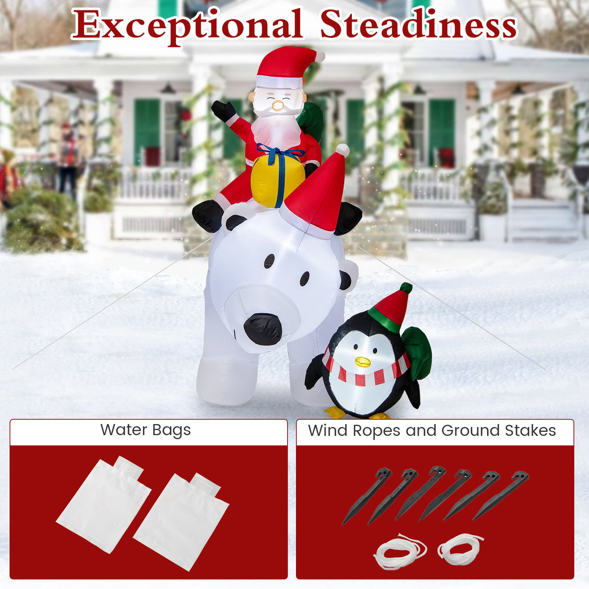 7 Feet Inflatable Santa Claus Riding Bear with Penguin Gift Bags and Gift Box-Christmas Inflatables-DECOROLALA