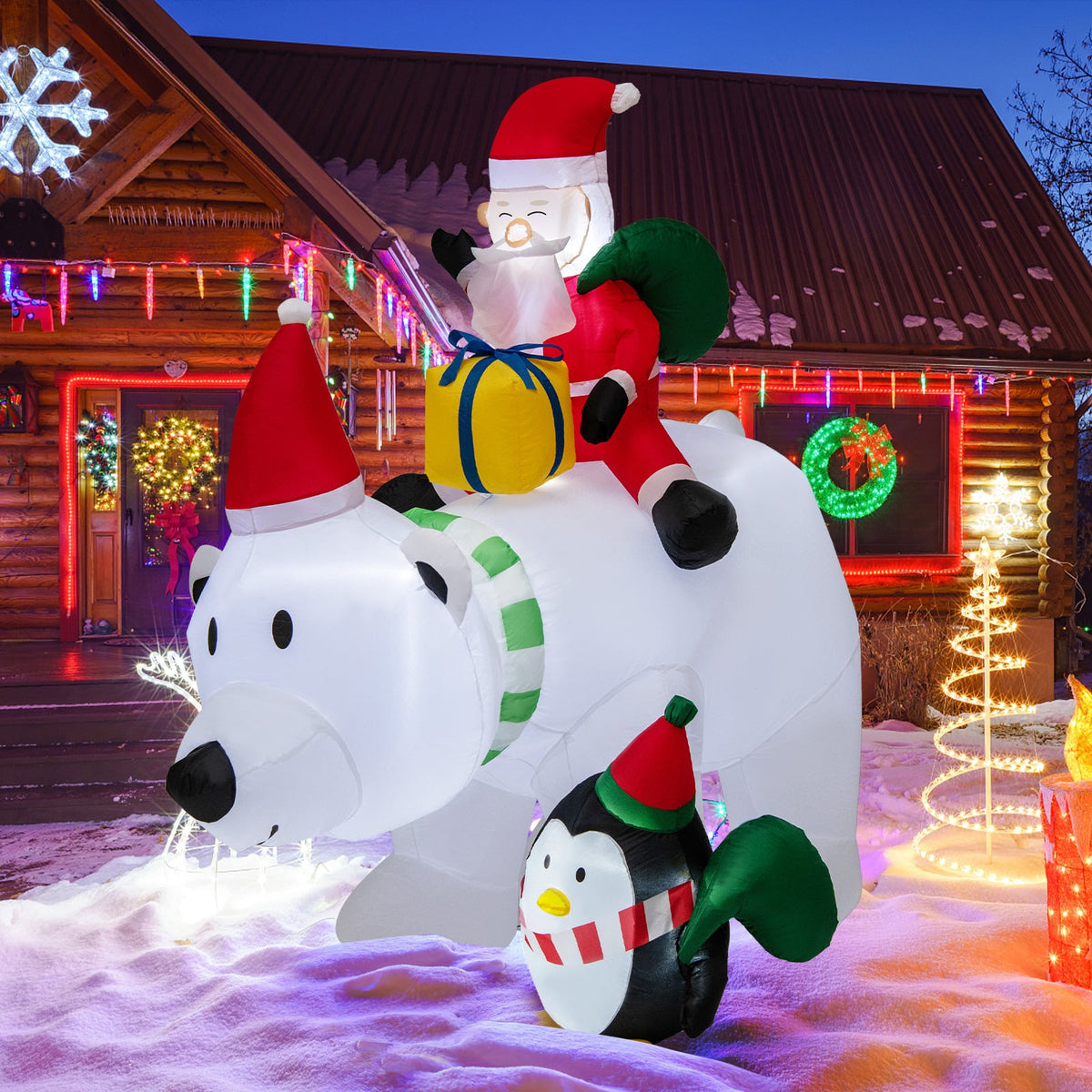 7 Feet Inflatable Santa Claus Riding Bear with Penguin Gift Bags and Gift Box-Christmas Inflatables-DECOROLALA