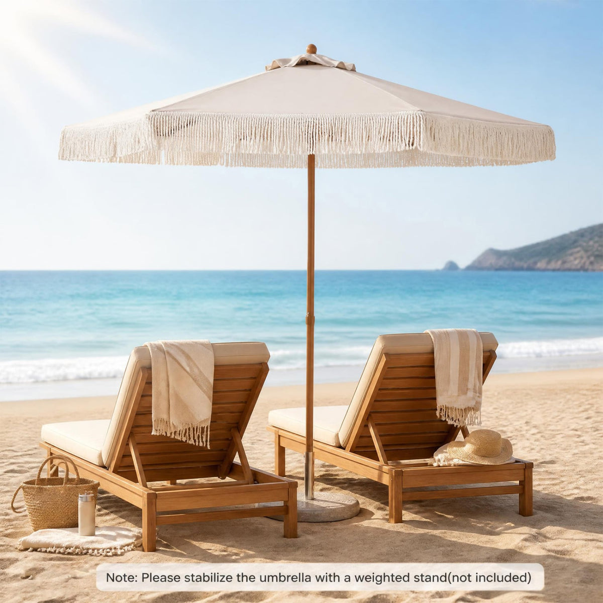 7 Feet Patio Umbrella with Fringe Sun-Protective Beach Umbrella with Boho Tassel-Beige-Outdoor Umbrellas-DECOROLALA