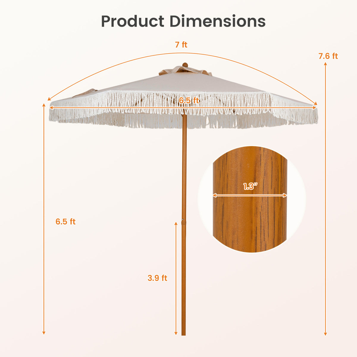 7 Feet Patio Umbrella with Fringe Sun-Protective Beach Umbrella with Boho Tassel-Beige-Outdoor Umbrellas-DECOROLALA