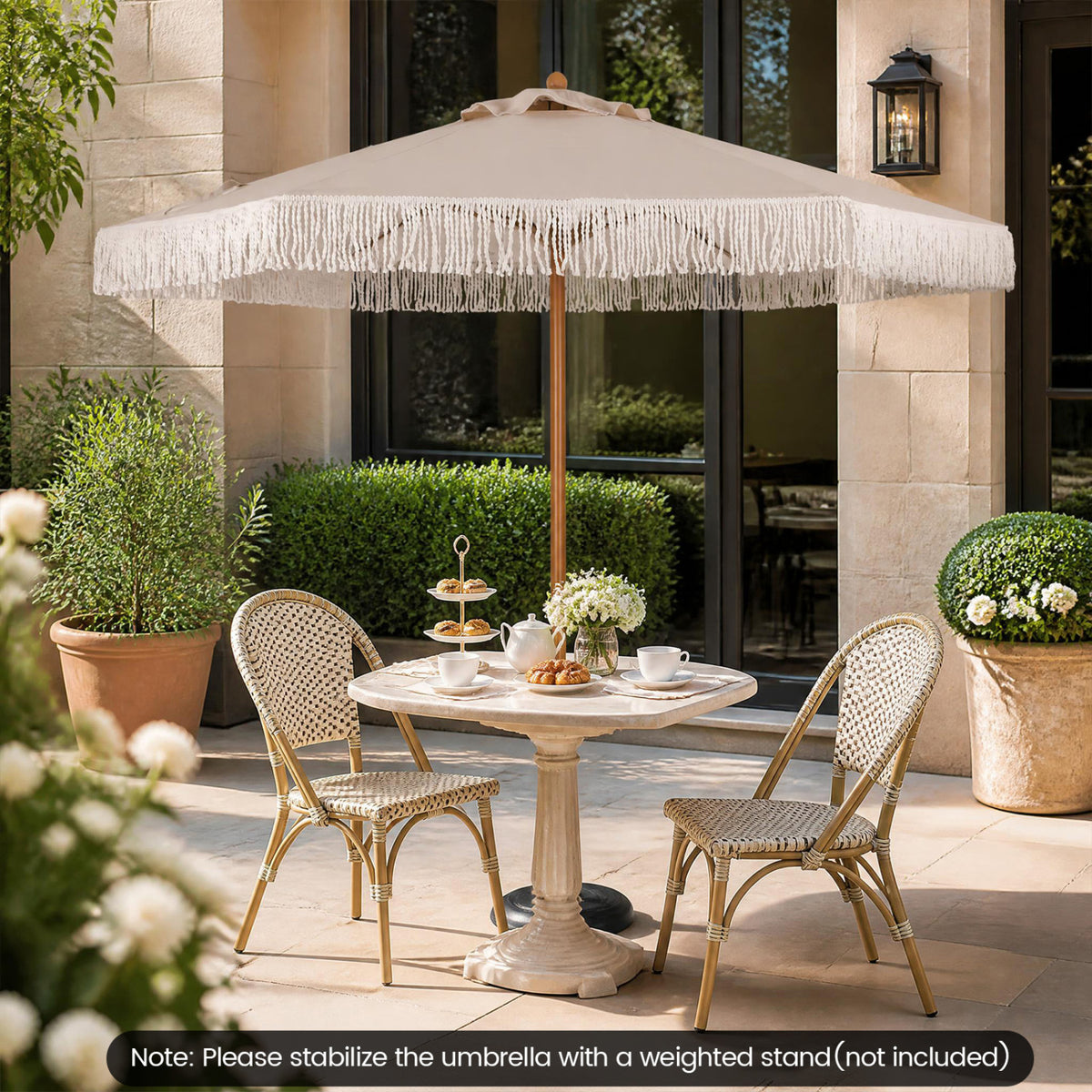 7 Feet Patio Umbrella with Fringe Sun-Protective Beach Umbrella with Boho Tassel-Beige-Outdoor Umbrellas-DECOROLALA