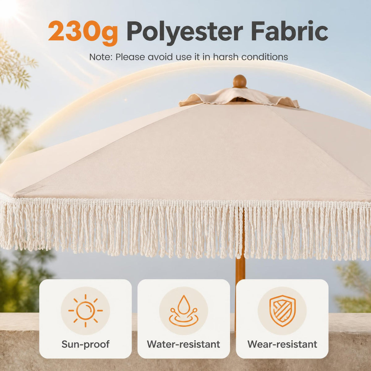 7 Feet Patio Umbrella with Fringe Sun-Protective Beach Umbrella with Boho Tassel-Beige-Outdoor Umbrellas-DECOROLALA