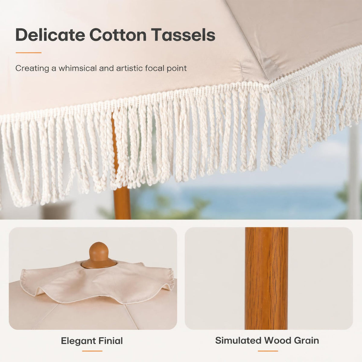 7 Feet Patio Umbrella with Fringe Sun-Protective Beach Umbrella with Boho Tassel-Beige-Outdoor Umbrellas-DECOROLALA