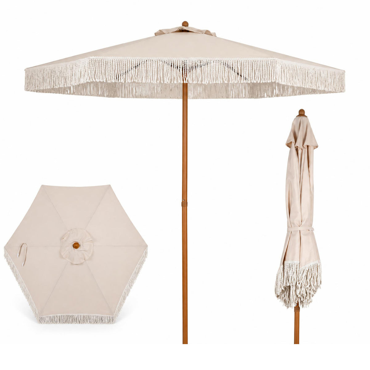 7 Feet Patio Umbrella with Fringe Sun-Protective Beach Umbrella with Boho Tassel-Beige-Outdoor Umbrellas-DECOROLALA