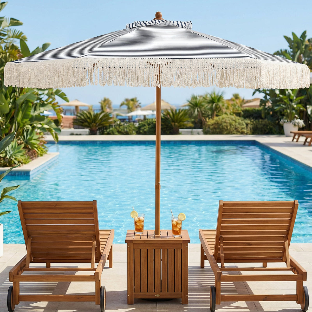 7 Feet Patio Umbrella with Fringe Sun-Protective Beach Umbrella with Boho Tassel-Blue-Outdoor Umbrellas-DECOROLALA