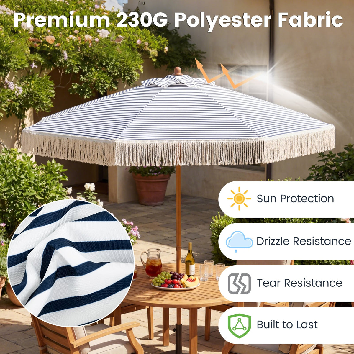 7 Feet Patio Umbrella with Fringe Sun-Protective Beach Umbrella with Boho Tassel-Blue-Outdoor Umbrellas-DECOROLALA