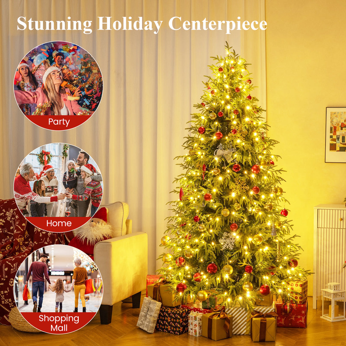 7 Feet Pre-Lit Artificial Christmas Tree Hinged Faux Xmas Tree with Soft Branch Tips-Christmas Trees-DECOROLALA