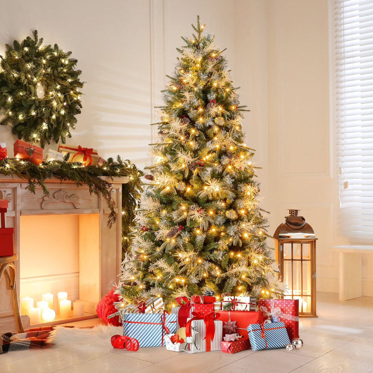 7 Feet Pre-Lit Artificial Christmas Tree with 8 Modes LED Lights with Berries-Christmas Trees-DECOROLALA