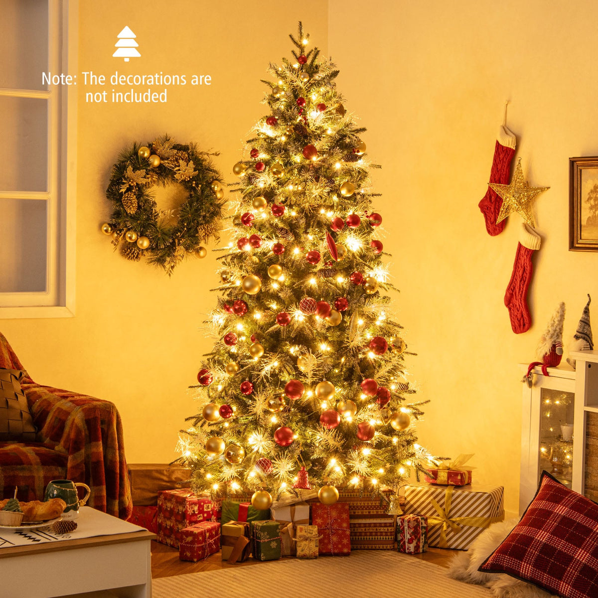 7 Feet Pre-Lit Artificial Christmas Tree with 8 Modes LED Lights with Berries-Christmas Trees-DECOROLALA