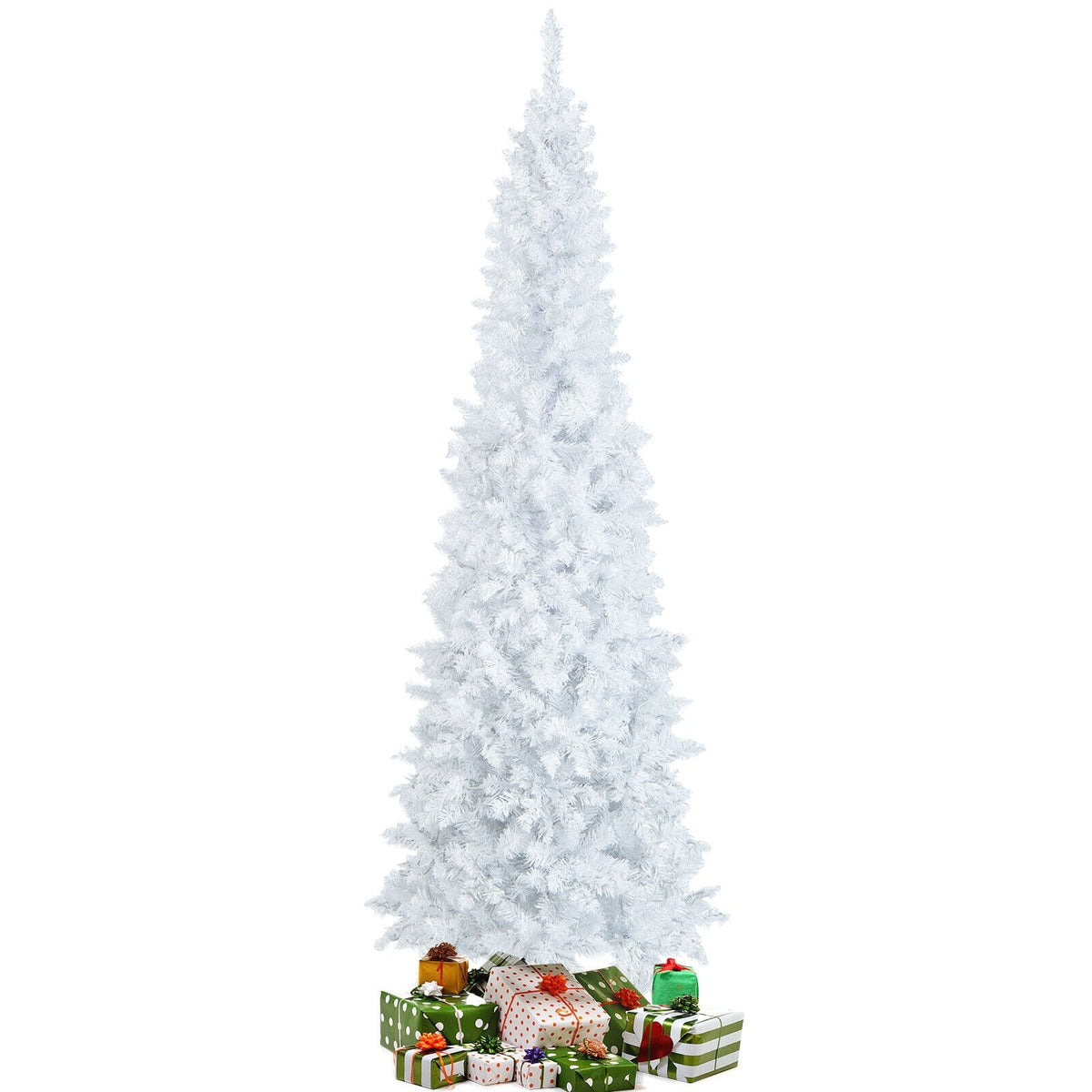 7 Feet Pre-Lit Hinged Pencil Christmas Tree White with 300 LED Lights and 8 Flash Modes-Christmas Trees-DECOROLALA