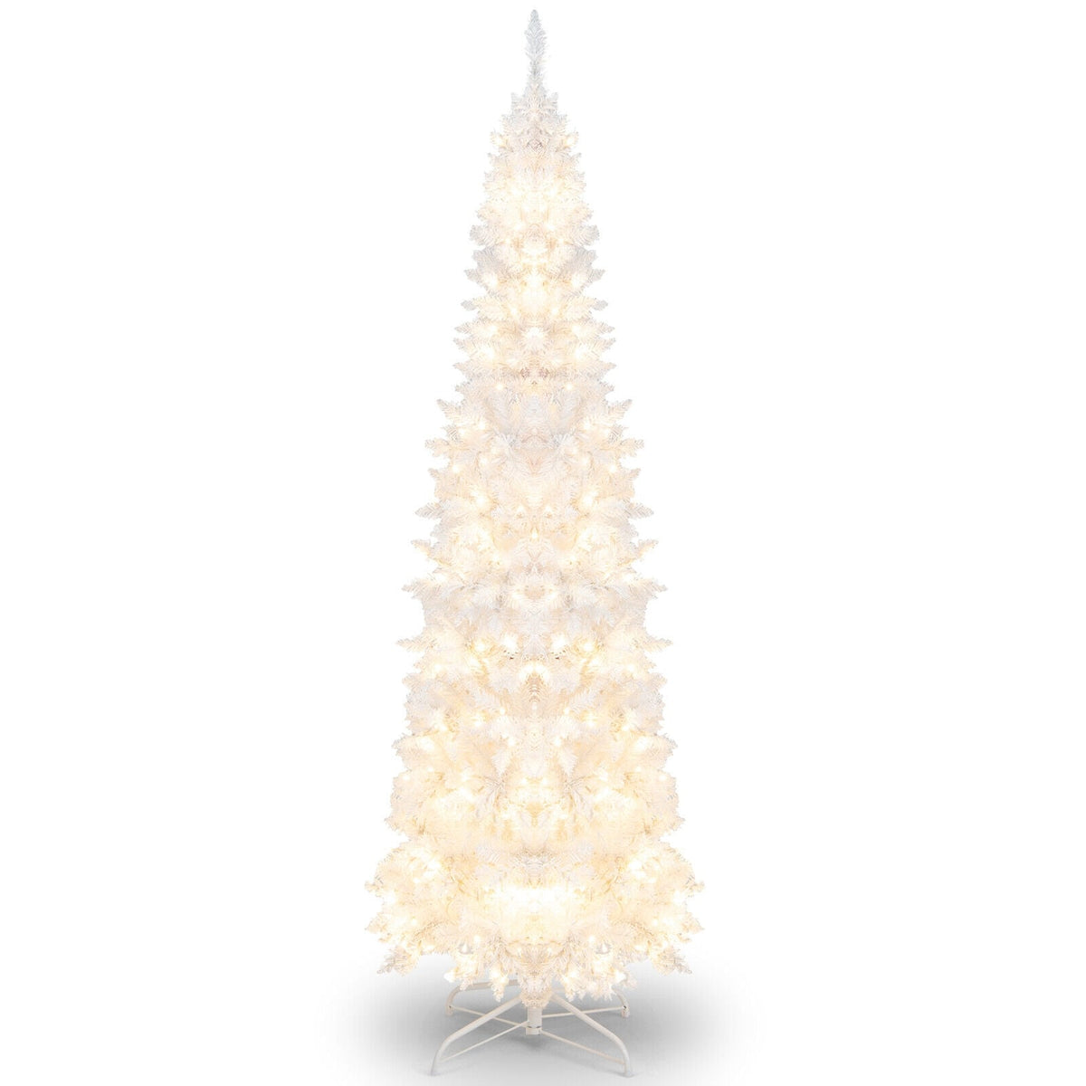 7 Feet Pre-Lit Hinged Pencil Christmas Tree White with 300 LED Lights and 8 Flash Modes-Christmas Trees-DECOROLALA