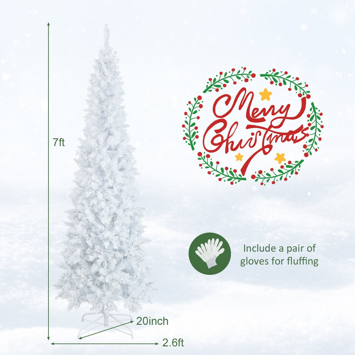 7 Feet Pre-Lit Hinged Pencil Christmas Tree White with 300 LED Lights and 8 Flash Modes-Christmas Trees-DECOROLALA