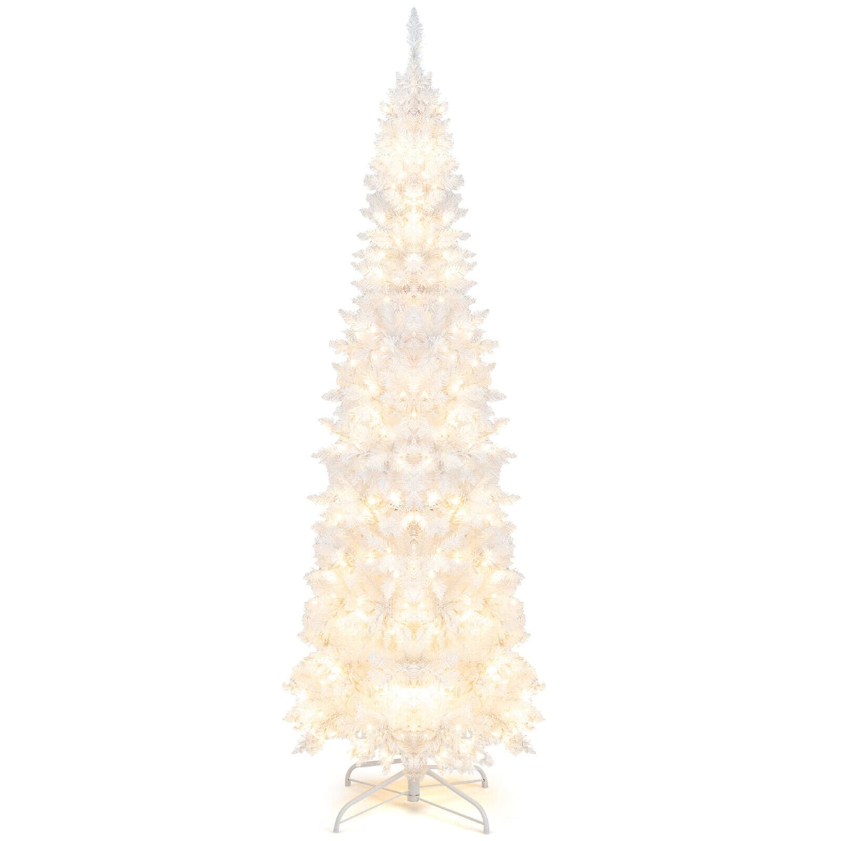 7 Feet Pre-Lit Hinged Pencil Christmas Tree White with 300 LED Lights and 8 Flash Modes-Christmas Trees-DECOROLALA