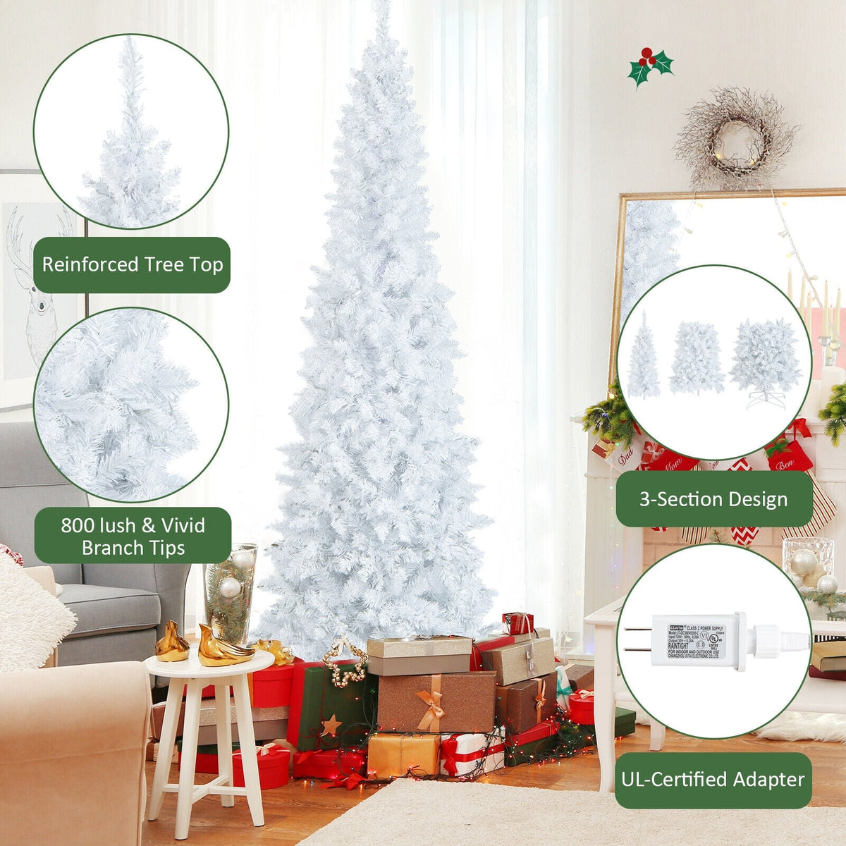 7 Feet Pre-Lit Hinged Pencil Christmas Tree White with 300 LED Lights and 8 Flash Modes-Christmas Trees-DECOROLALA