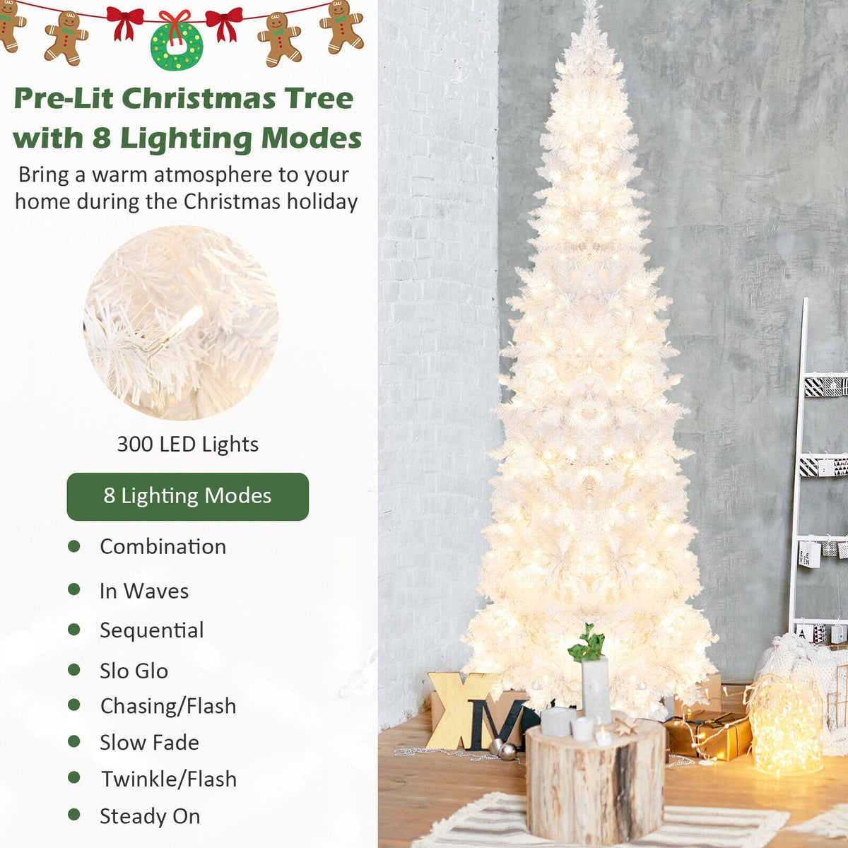7 Feet Pre-Lit Hinged Pencil Christmas Tree White with 300 LED Lights and 8 Flash Modes-Christmas Trees-DECOROLALA