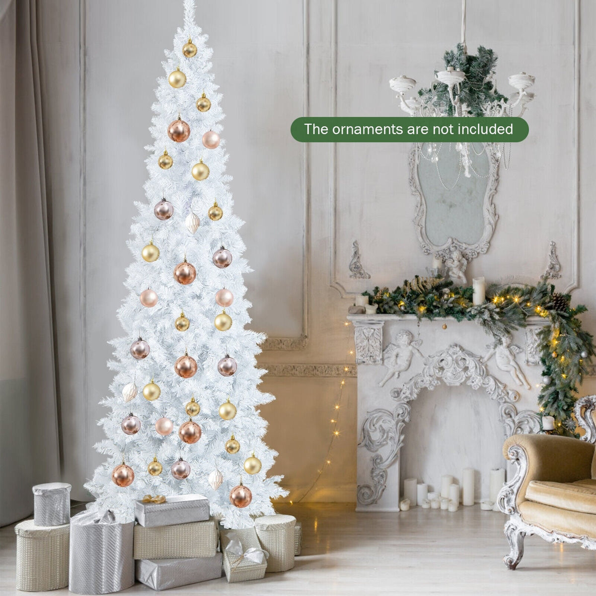 7 Feet Pre-Lit Hinged Pencil Christmas Tree White with 300 LED Lights and 8 Flash Modes-Christmas Trees-DECOROLALA