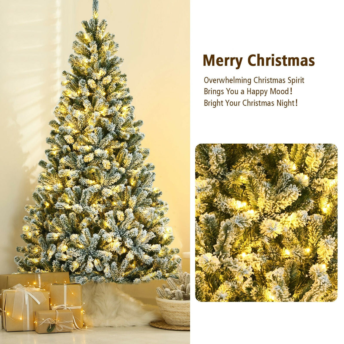 7 Feet Pre-lit Snow Flocked Hinged Christmas Tree with 1116 Tips and Metal Stand-7 ft-Christmas Trees-DECOROLALA