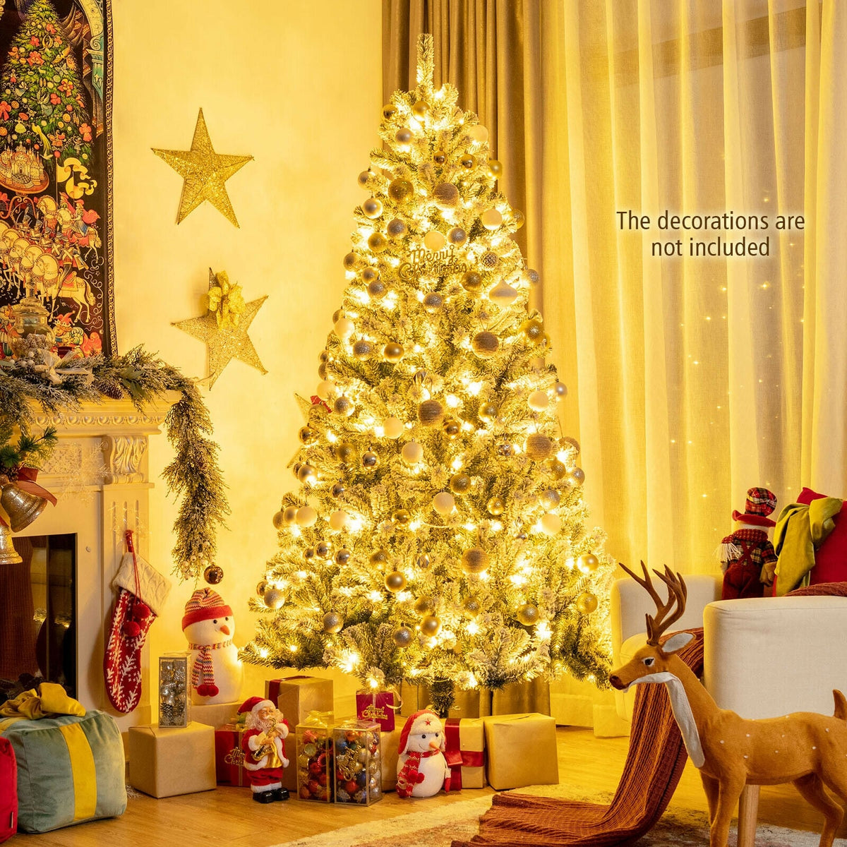 7 Feet Pre-lit Snow Flocked Hinged Christmas Tree with 1116 Tips and Metal Stand-7 ft-Christmas Trees-DECOROLALA