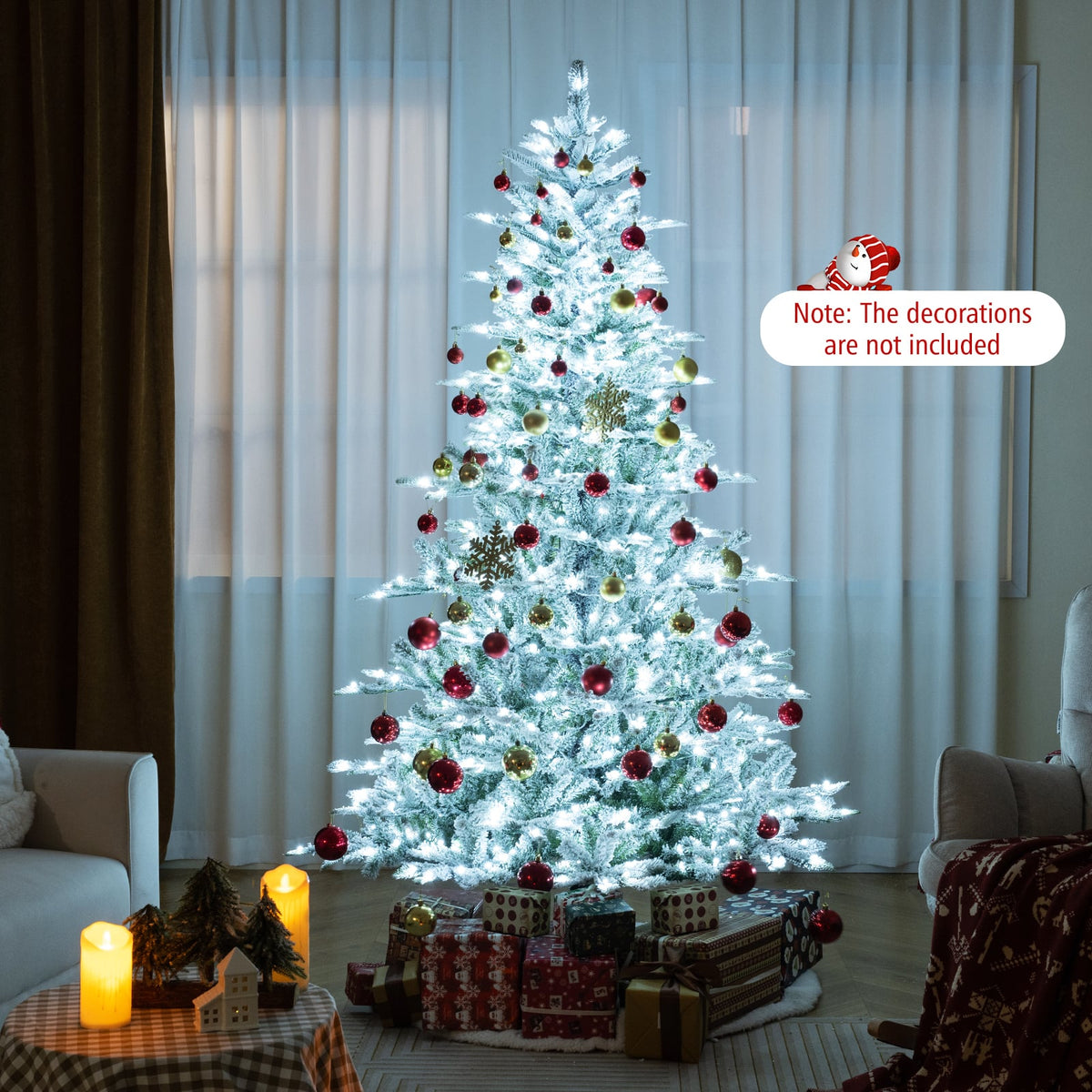 7 Feet Snow Flocked Artificial Christmas Tree with Cool White LED Lights-Christmas Trees-DECOROLALA