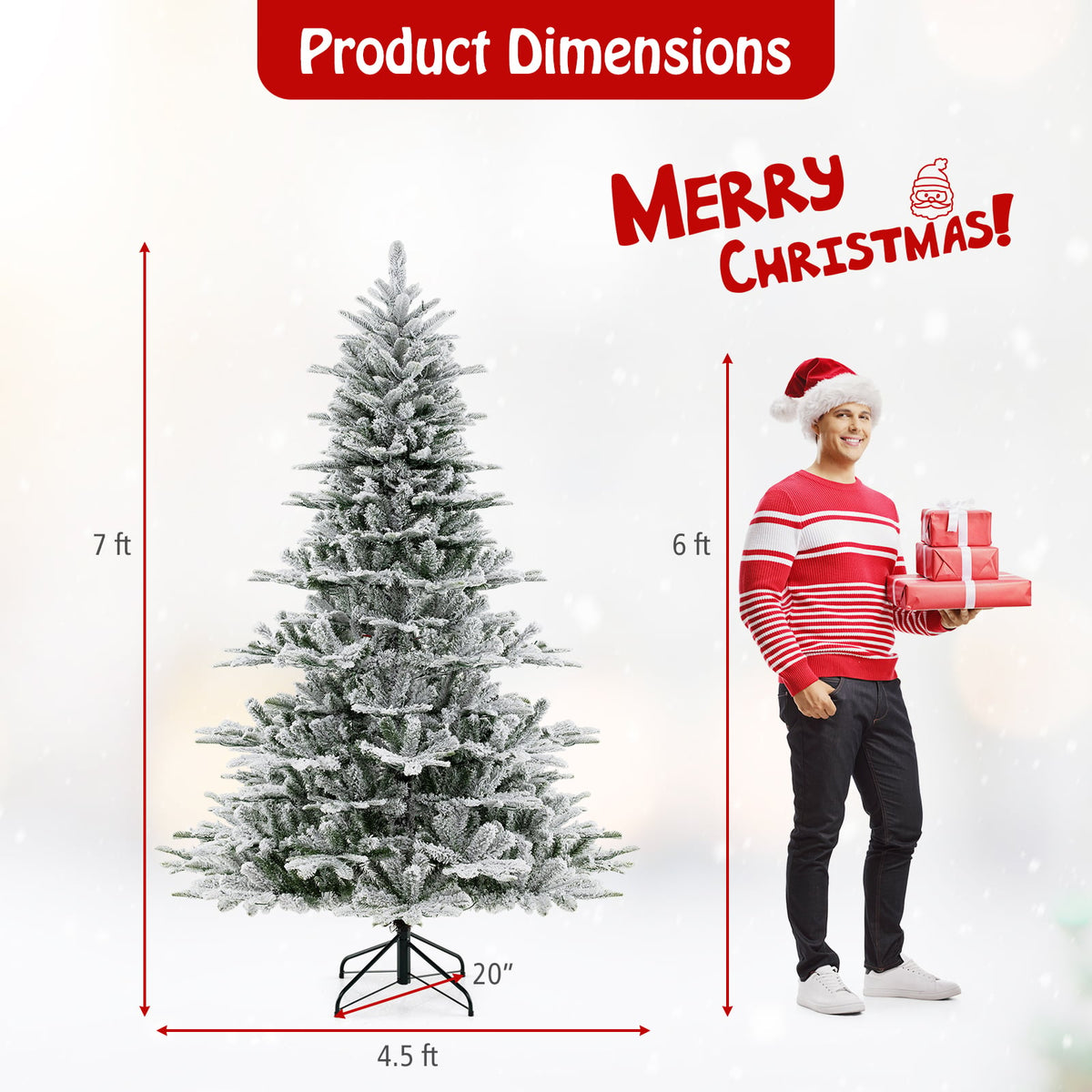7 Feet Snow Flocked Artificial Christmas Tree with Cool White LED Lights-Christmas Trees-DECOROLALA