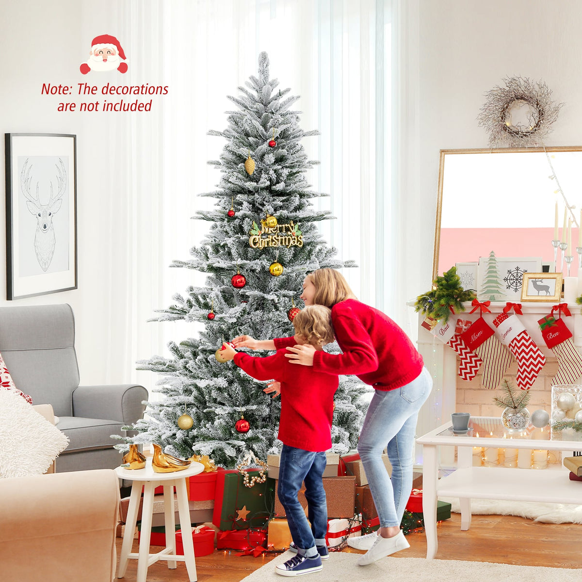 7 Feet Snow Flocked Artificial Christmas Tree with Cool White LED Lights-Christmas Trees-DECOROLALA