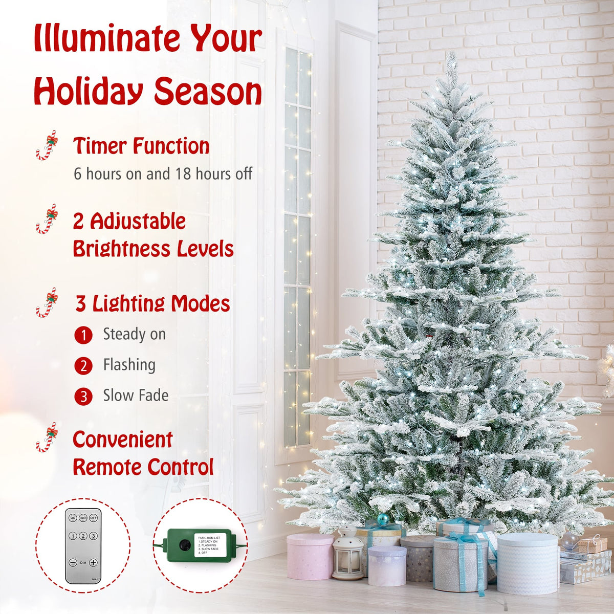 7 Feet Snow Flocked Artificial Christmas Tree with Cool White LED Lights-Christmas Trees-DECOROLALA