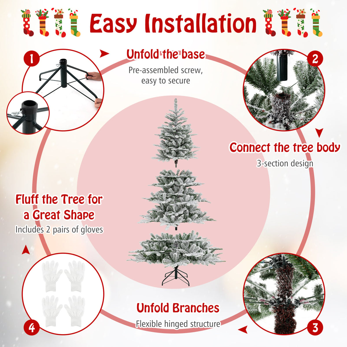 7 Feet Snow Flocked Artificial Christmas Tree with Cool White LED Lights-Christmas Trees-DECOROLALA