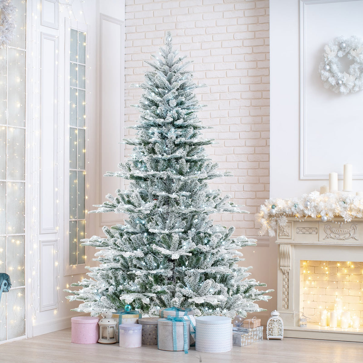 7 Feet Snow Flocked Artificial Christmas Tree with Cool White LED Lights-Christmas Trees-DECOROLALA