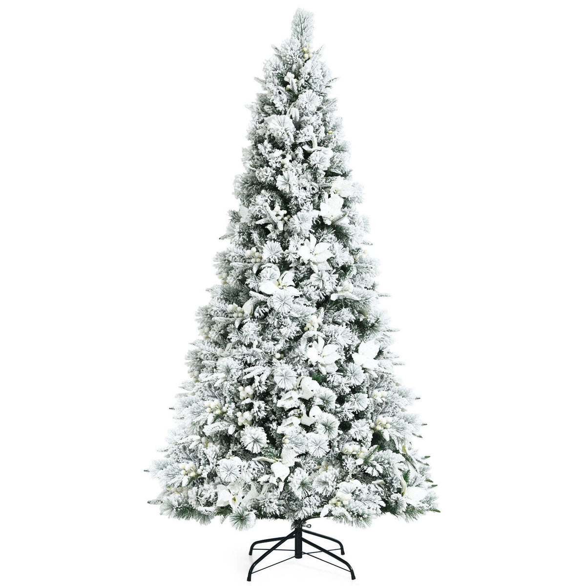 7 Feet Snow Flocked Christmas Tree with Poinsettia Flowers-Christmas Trees-DECOROLALA