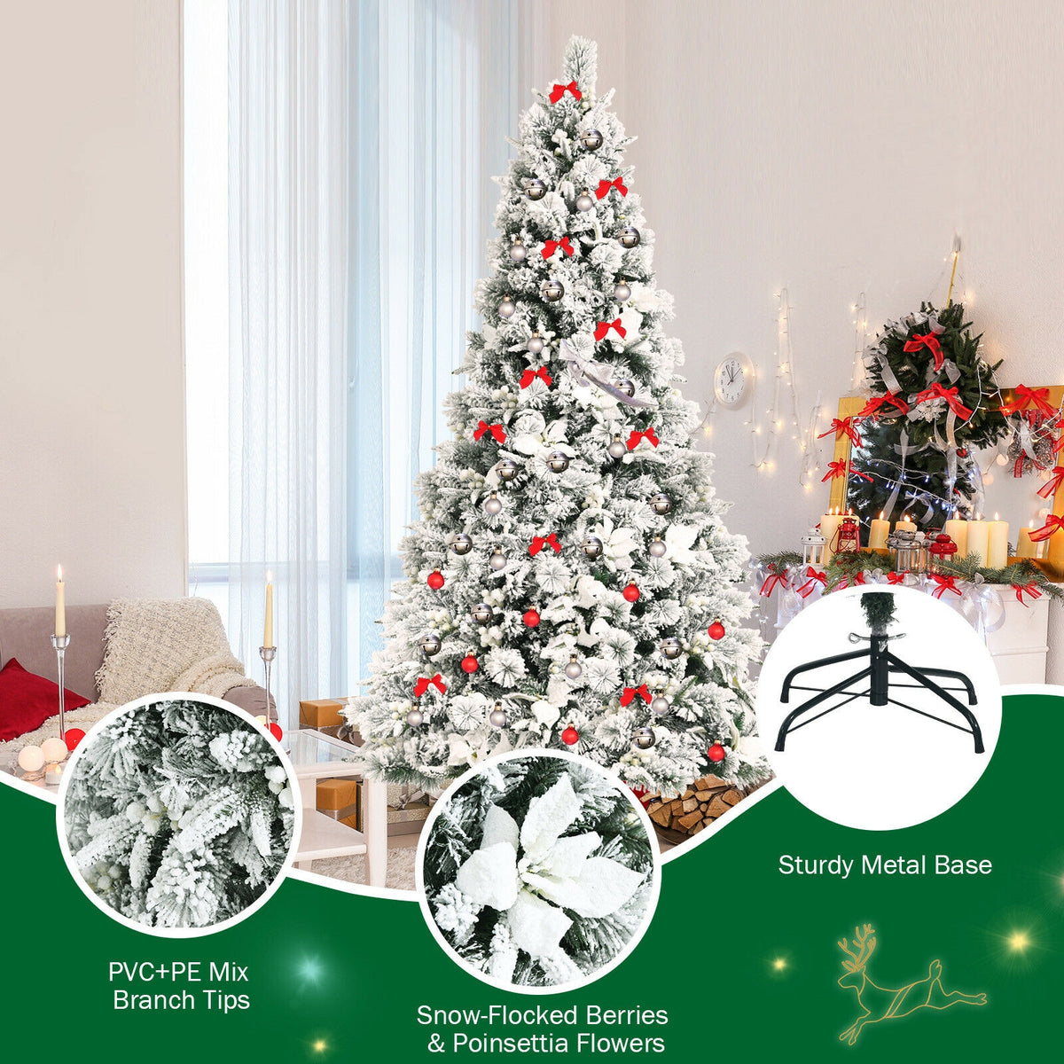 7 Feet Snow Flocked Christmas Tree with Poinsettia Flowers-Christmas Trees-DECOROLALA