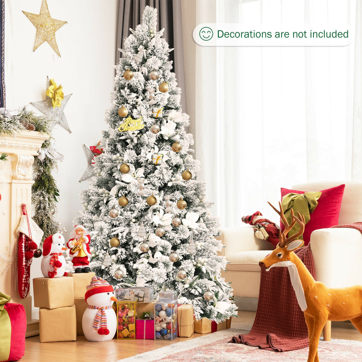 7 Feet Snow Flocked Christmas Tree with Poinsettia Flowers-Christmas Trees-DECOROLALA