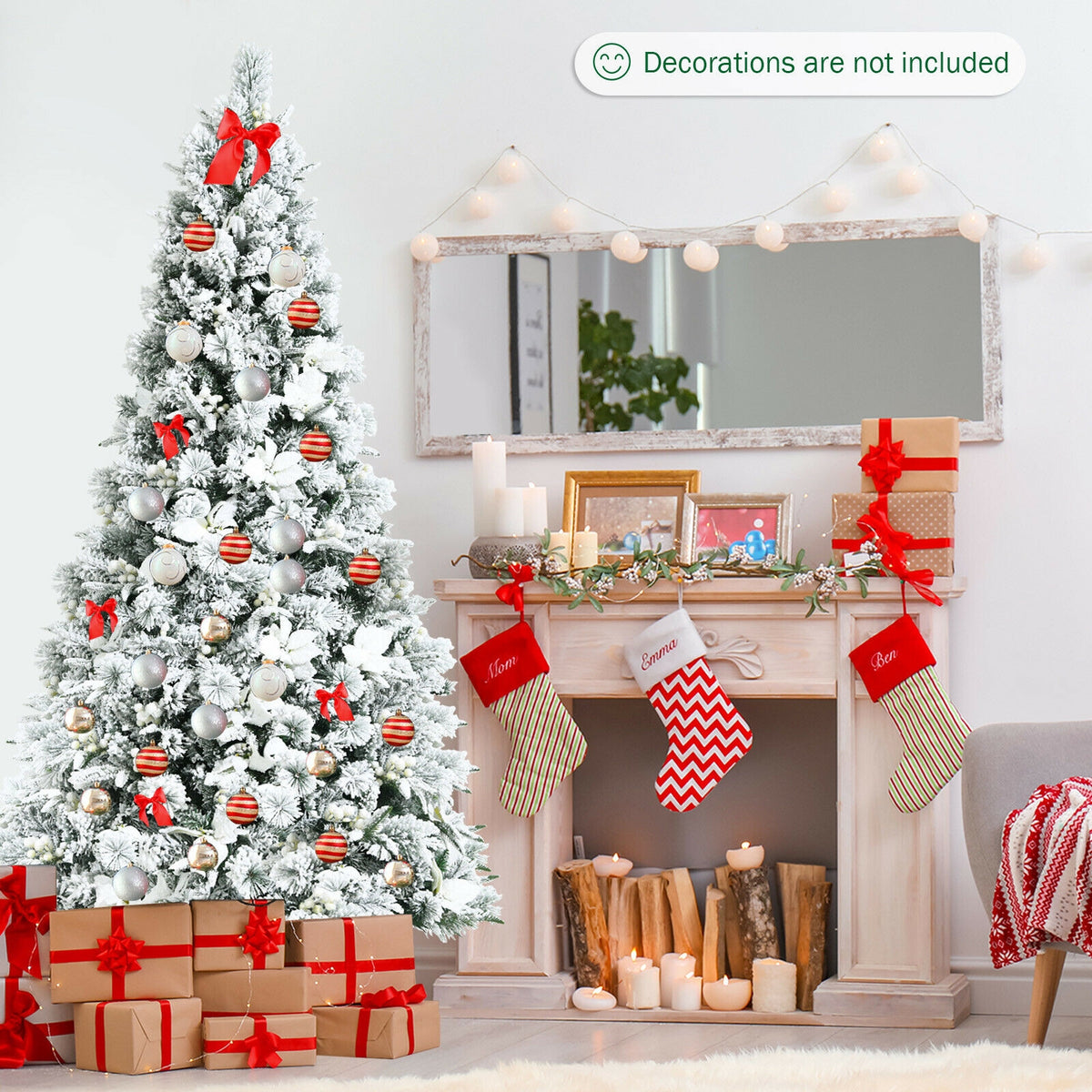 7 Feet Snow Flocked Christmas Tree with Poinsettia Flowers-Christmas Trees-DECOROLALA