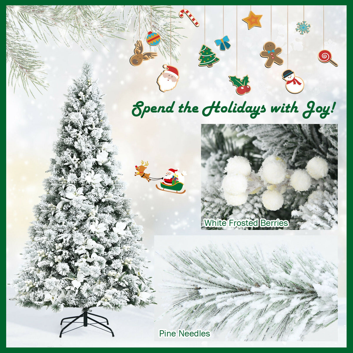 7 Feet Snow Flocked Christmas Tree with Poinsettia Flowers-Christmas Trees-DECOROLALA
