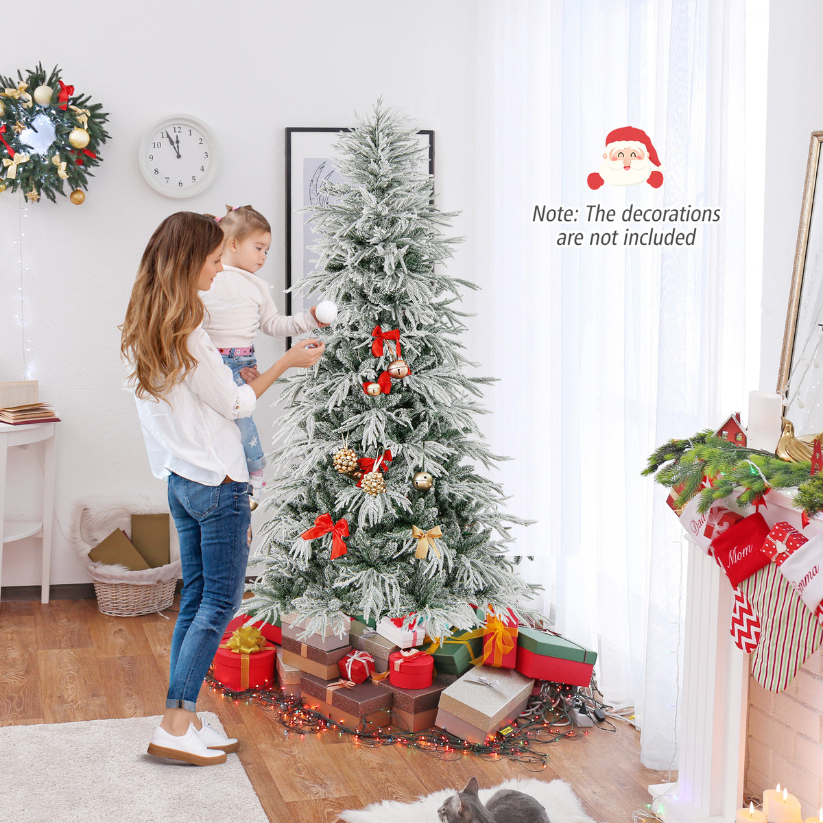 7 Feet Snow-flocked Artificial Christmas Tree Pre-lit Hinged Xmas Tree with Warm White LED Lights-Christmas Trees-DECOROLALA