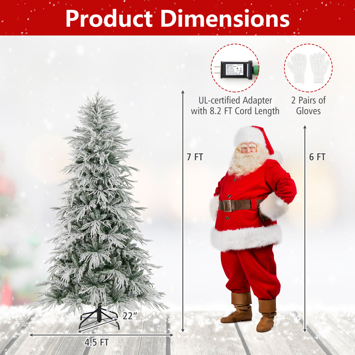7 Feet Snow-flocked Artificial Christmas Tree Pre-lit Hinged Xmas Tree with Warm White LED Lights-Christmas Trees-DECOROLALA