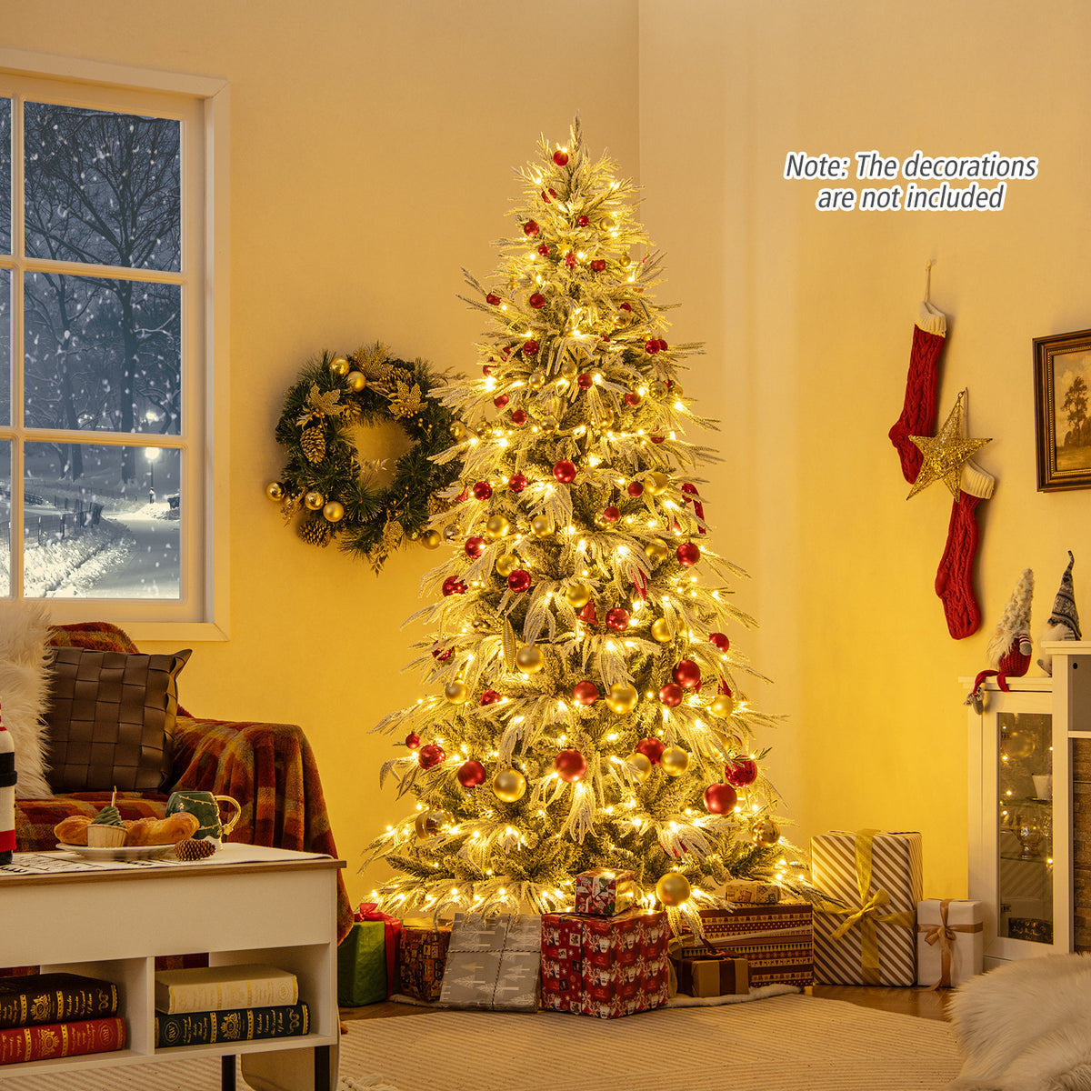 7 Feet Snow-flocked Artificial Christmas Tree Pre-lit Hinged Xmas Tree with Warm White LED Lights-Christmas Trees-DECOROLALA