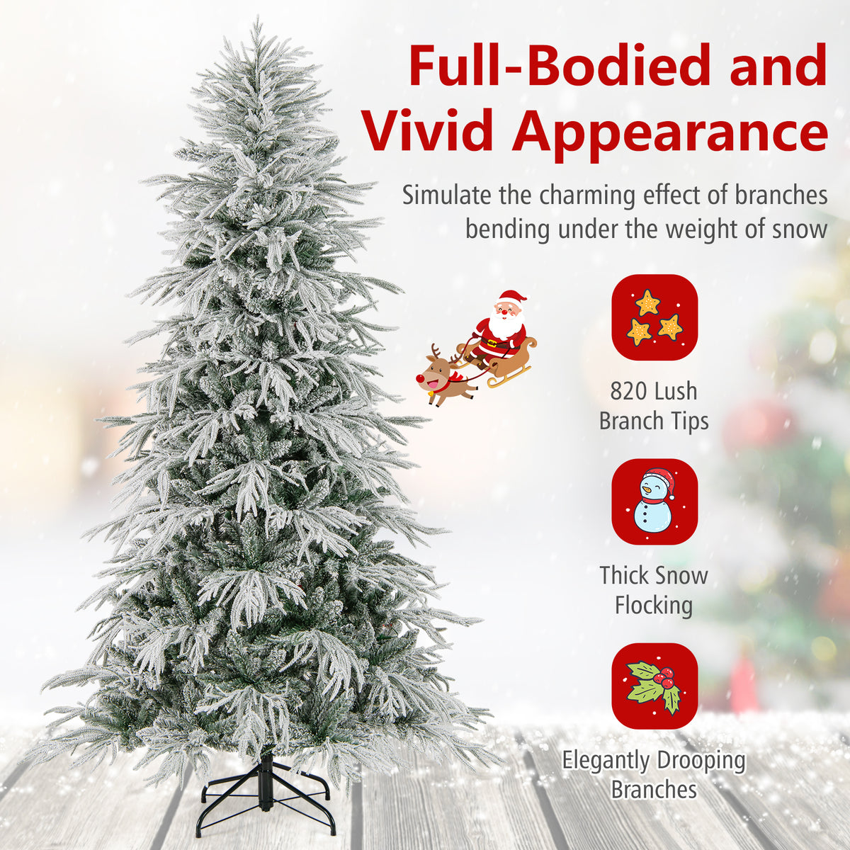 7 Feet Snow-flocked Artificial Christmas Tree Pre-lit Hinged Xmas Tree with Warm White LED Lights-Christmas Trees-DECOROLALA