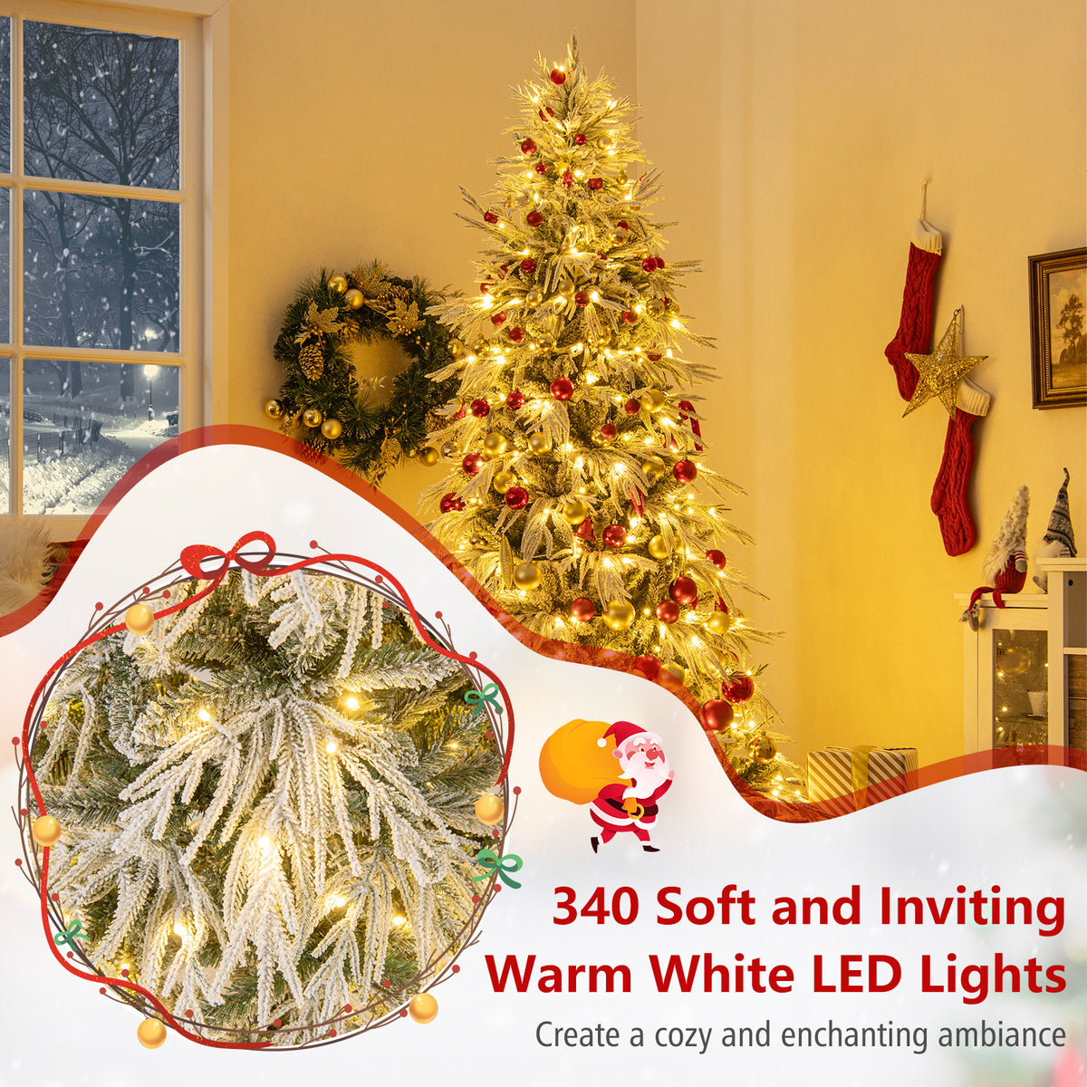 7 Feet Snow-flocked Artificial Christmas Tree Pre-lit Hinged Xmas Tree with Warm White LED Lights-Christmas Trees-DECOROLALA