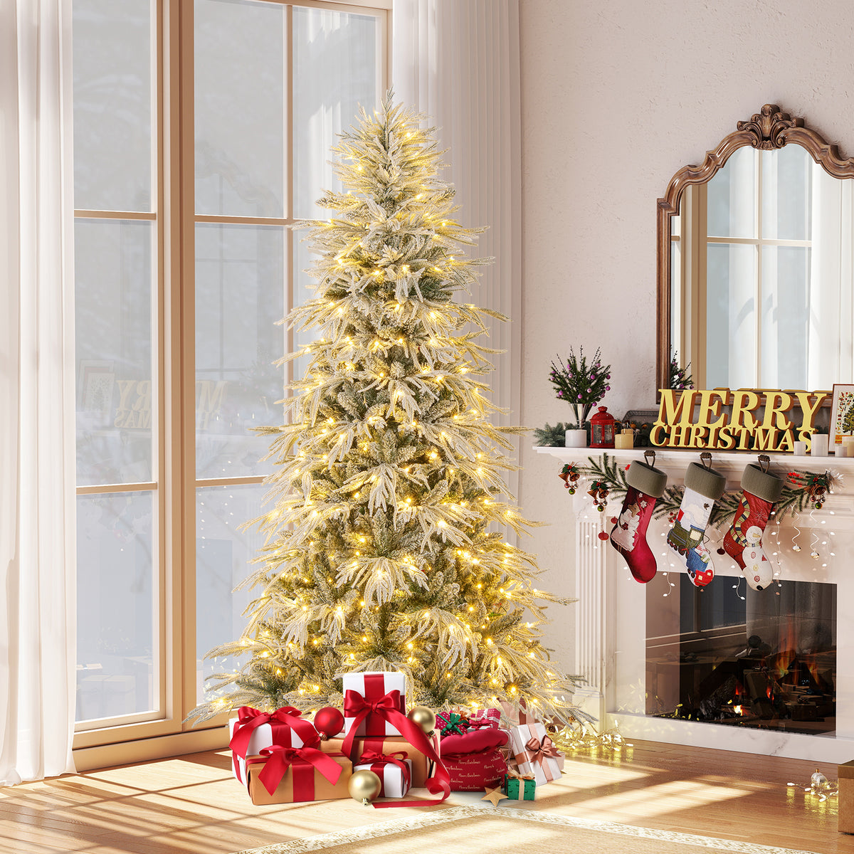 7 Feet Snow-flocked Artificial Christmas Tree Pre-lit Hinged Xmas Tree with Warm White LED Lights-Christmas Trees-DECOROLALA