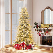 7 Feet Snow-flocked Artificial Christmas Tree Pre-lit Hinged Xmas Tree with Warm White LED Lights-Christmas Trees-DECOROLALA
