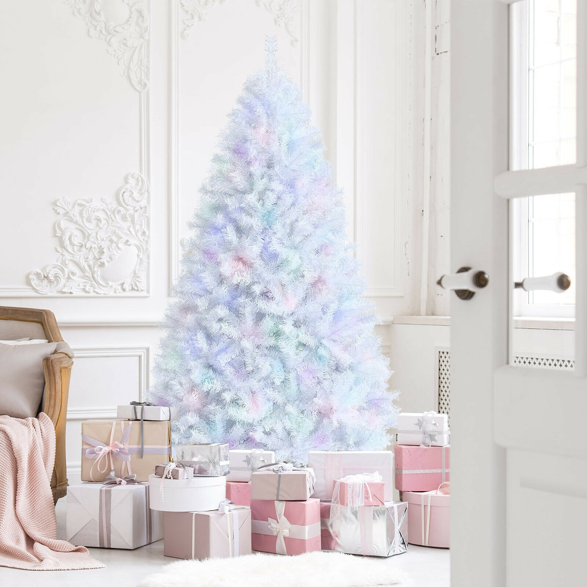 7 Feet White Iridescent Tinsel Artificial Christmas Tree with Metal Stand-Christmas Trees-DECOROLALA