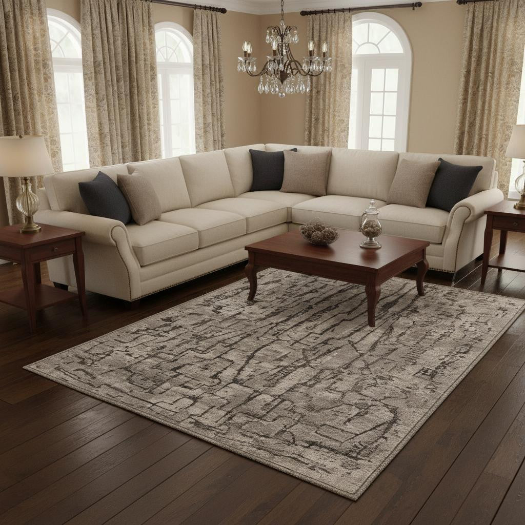 7' Gray And Black Abstract Runner Rug-Area Rugs-DECOROLALA