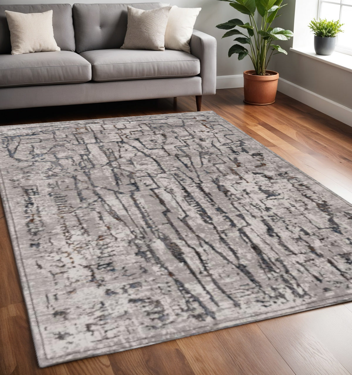 7' Gray And Black Abstract Runner Rug-Area Rugs-DECOROLALA