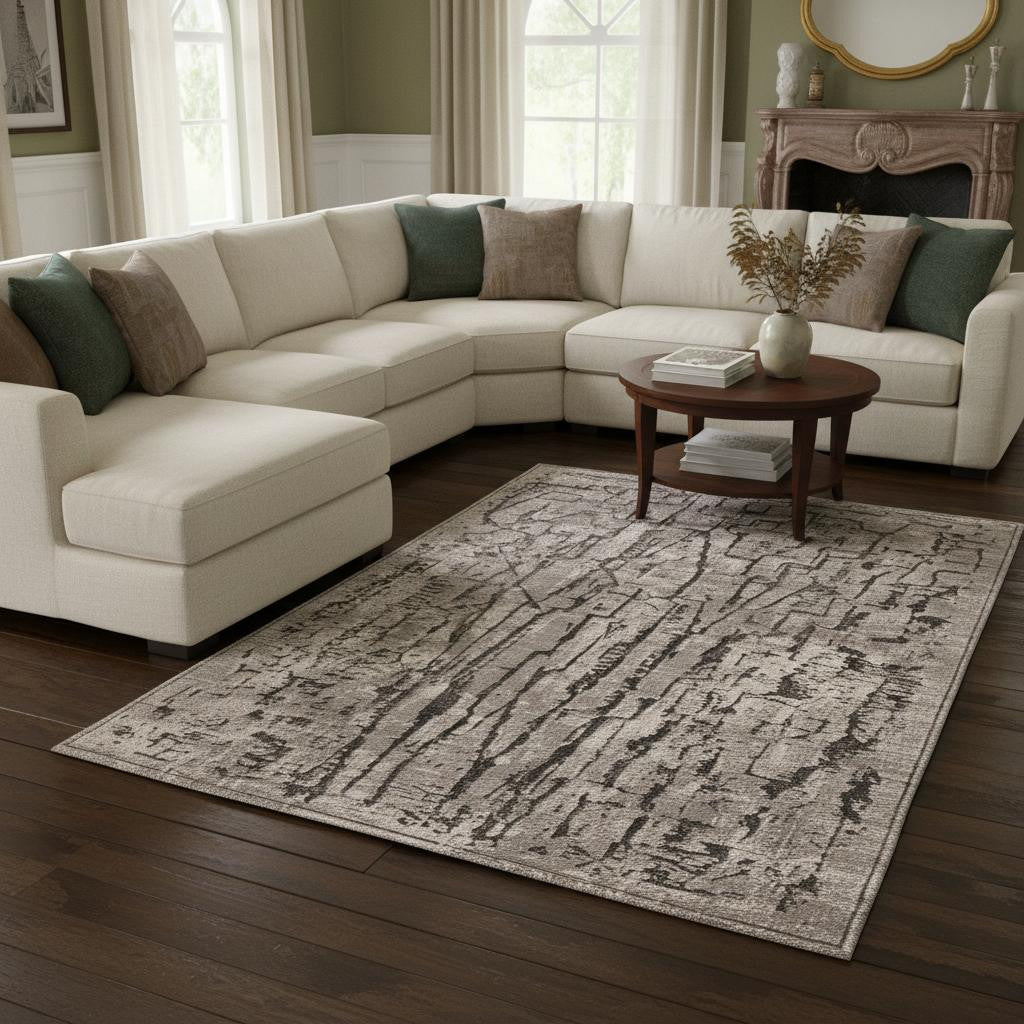 7' Gray And Black Abstract Runner Rug-Area Rugs-DECOROLALA