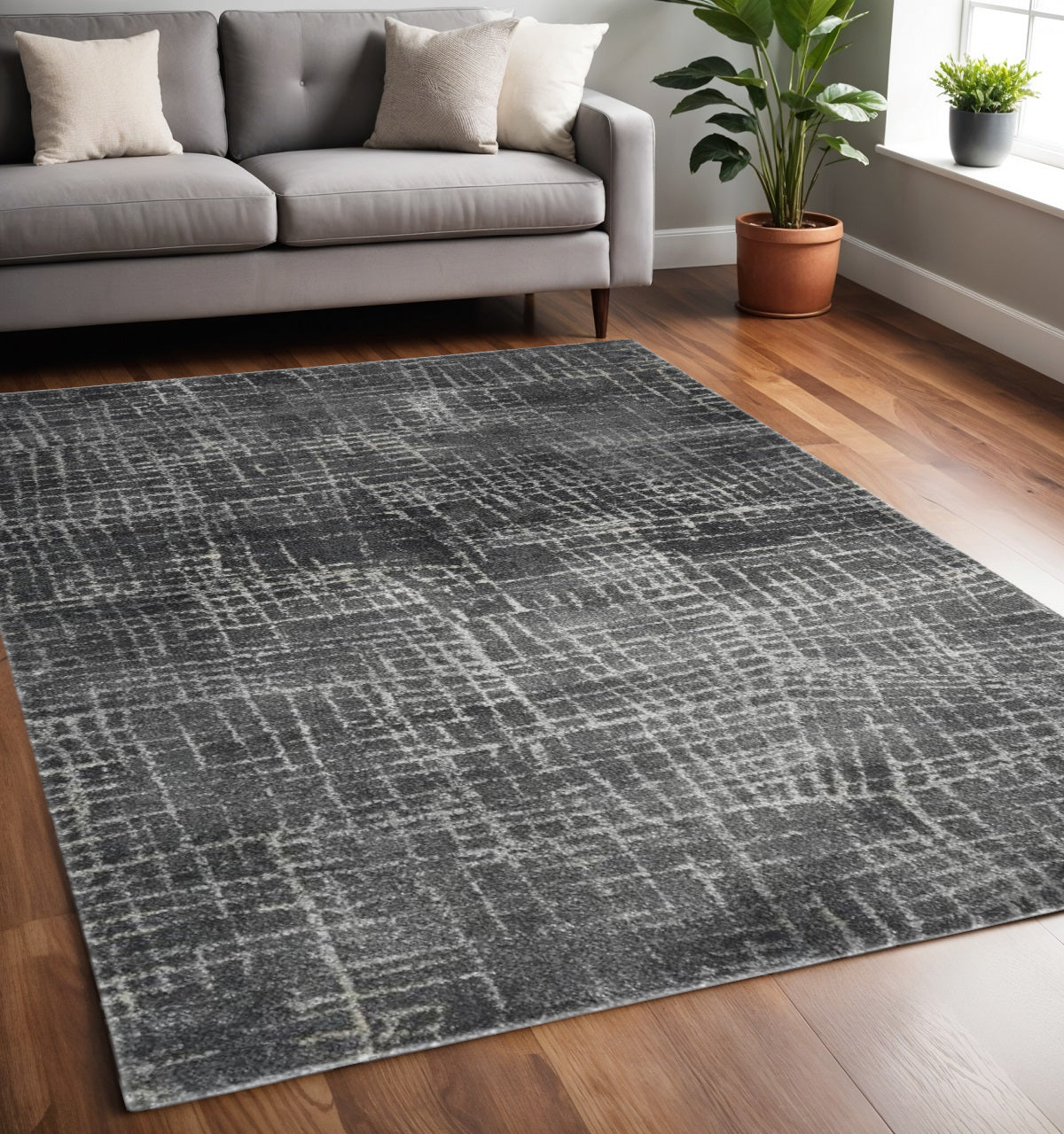 7' Gray And Dark Gray Abstract Area Rug-Area Rugs-DECOROLALA
