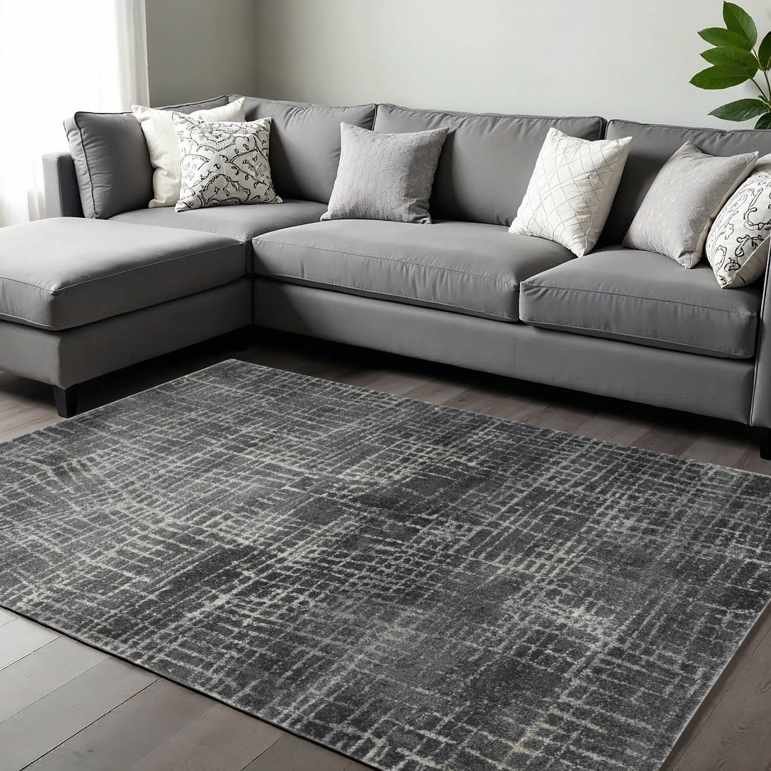 7' Gray And Dark Gray Abstract Area Rug-Area Rugs-DECOROLALA